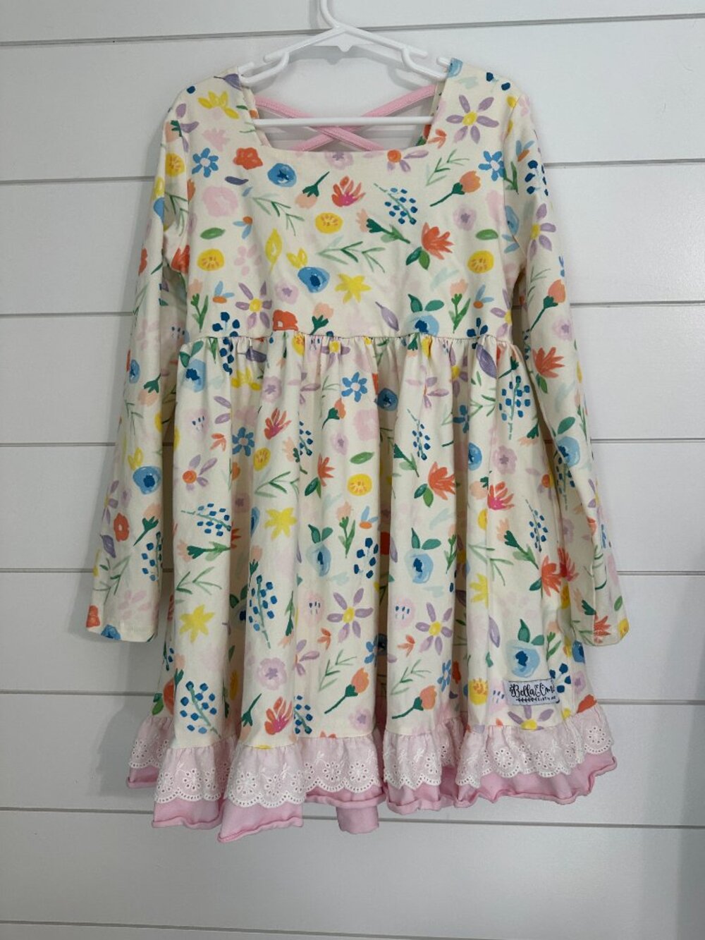 Bella & Omi Girls Dress 9/10 Long Sleeve Floral Pink Blue Spring Twirl Large